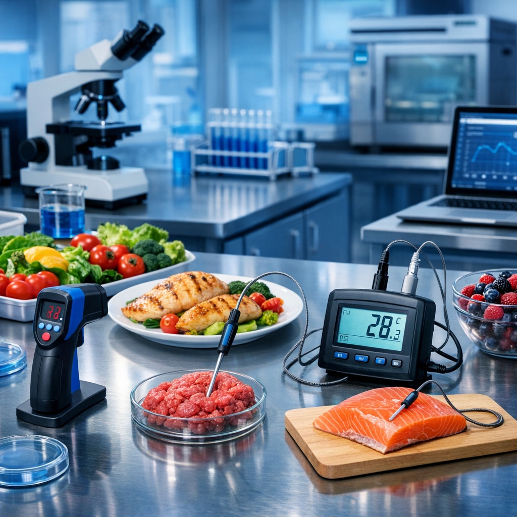 Food quality inspection setup with temperature monitoring equipment