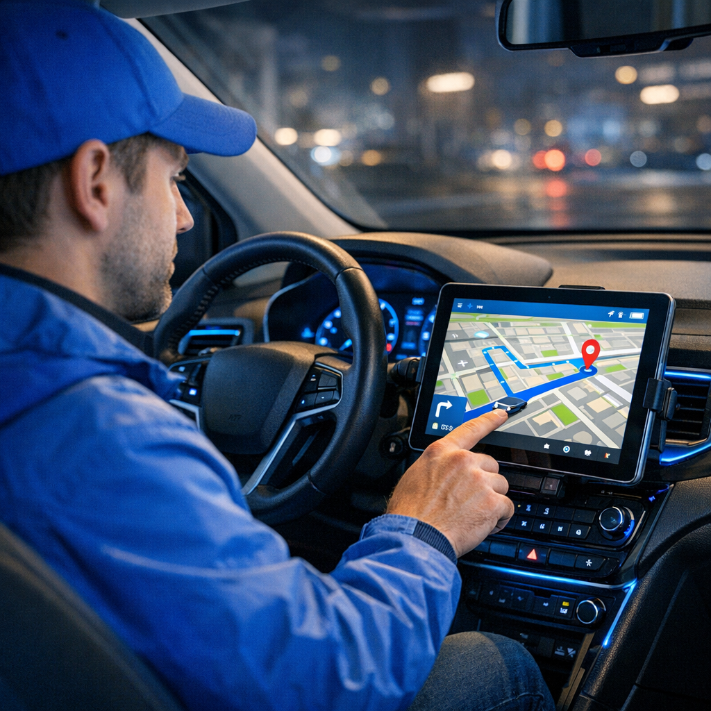 Delivery driver using tablet device with GPS navigation in modern vehicle