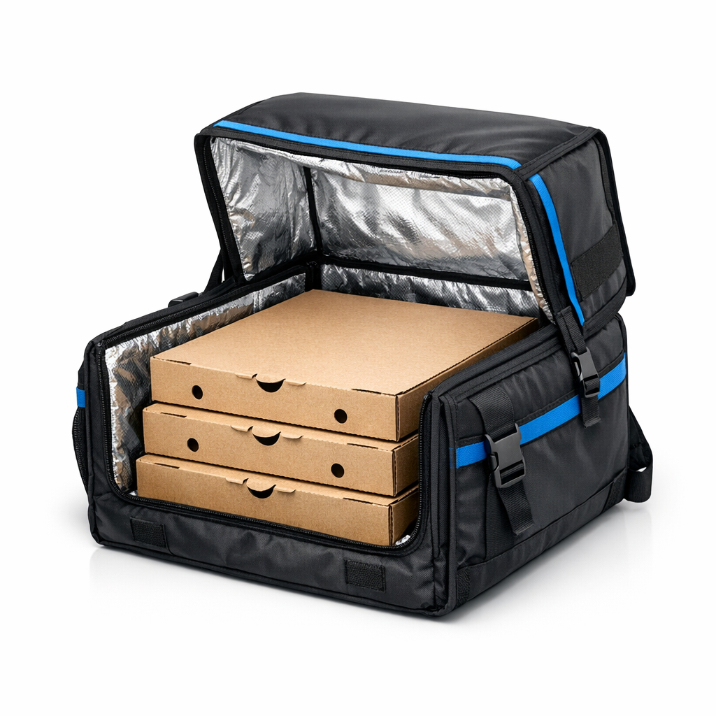 Thermal delivery bag with pizza boxes inside, modern packaging design