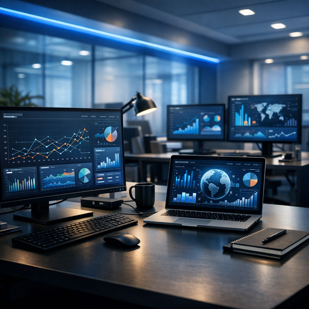 Modern office workspace with computers and data analytics dashboards