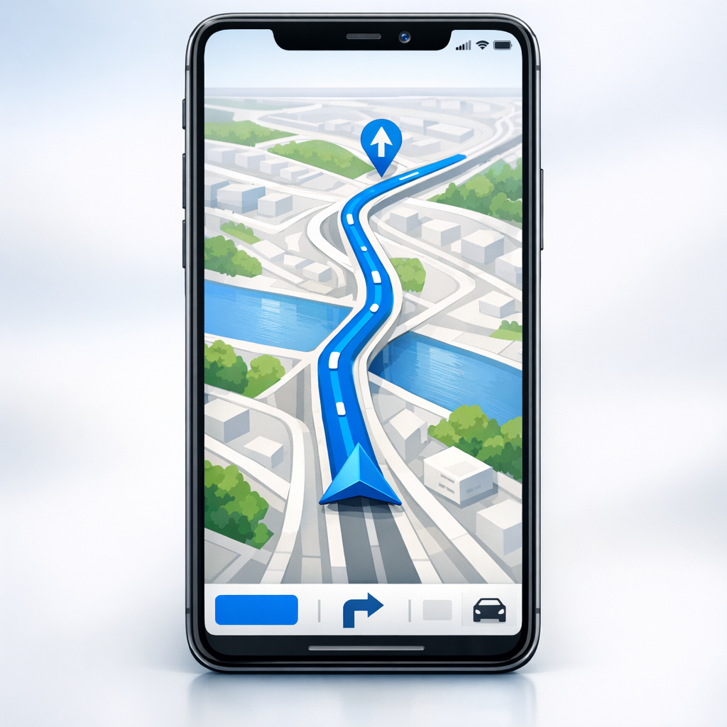 Smartphone with navigation app interface and route visualization